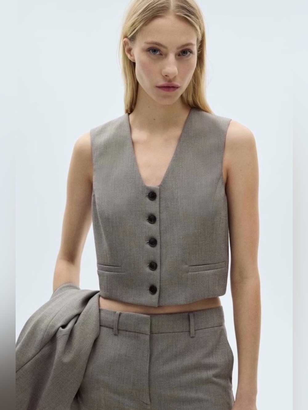 Mango MNG Grey Tailored Cropped Button Down Suit Vest